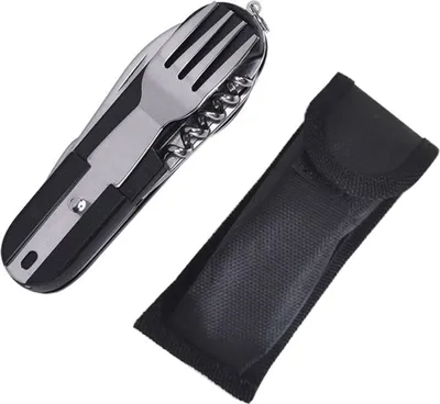 Produktbild von 7 tlg. Campingbesteck Outdoorbesteck Bundeswehrbesteck Feldbesteck Faltbar, Farbe:Schwarz