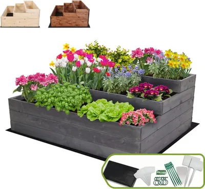 Produktbild von MODO24 Hochbeet Holz, Pflanzkasten, Massivholz, Kiefer, Kräuterbeet, Blumenkasten, Garten, Terrasse, 45x117x93 cm, Grau, ZP07