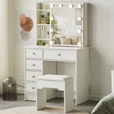 Productafbeelding van Make-uptafel wit met schuifspiegel en verlichting, 5 lades, 4 planken, krukje, 80x40x130 cm