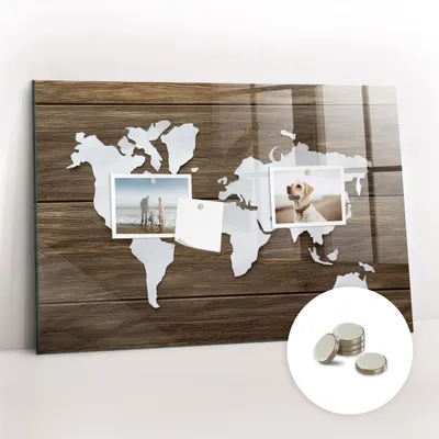 Obrázok produktu pre Magnetická tabuľa na stenu - Memo Tabuľa Sklenená - vrátane 5 magnetov - 60x40 cm - Mapa sveta na doskách