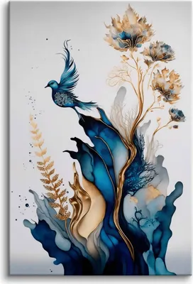 Produktbild von Leinwandbild Wanddekoration für Schlafzimmer Vogel Blume Gold 80x120 cm