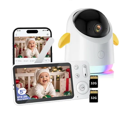 Obrázek produktu pro 2K/3MP chůvička s kamerou APP 360° 5" WLAN video chůvička RGB/IR noční vidění detekce pláče/pohybu/zvuku zobrazení teploty s 2*32G kartou