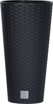 A tall, black, rattan-style planter pot with a small silver square emblem near the bottom.