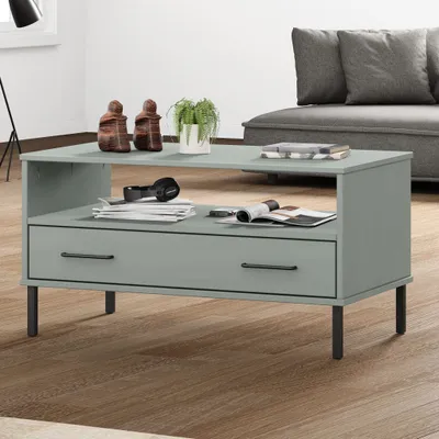 Immagine prodotto di The Living Store Tavolino OSLO con gambe in metallo Grigio 85x50x45 cm in legno massiccio