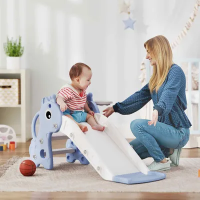 Produktbild von Sweiko 3-in-1 Rutsche für Kinder, Giraffenform, Basketballkorb, Ball, Blau