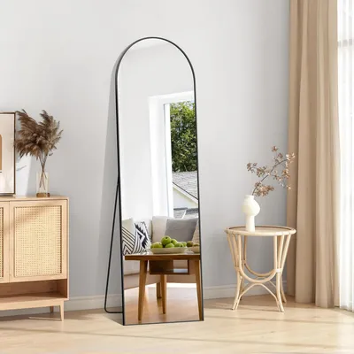 Immagine prodotto di Specchio a figura intera, forma ad arco, 150 x 40 cm. Specchio da terra, struttura in metallo nero. Utilizzabile in piedi, a parete o appoggiato