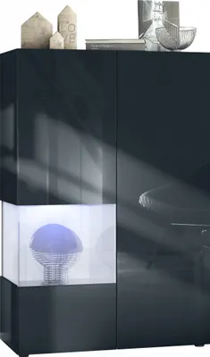 Produktbild von Vladon Vitrine Morena V2,  Germany, Standvitrine mit 2 Türen und Glaseinsatz, Schwarz matt, Fronten Schwarz Hochglanz, Cube Weiß Hochglanz inkl. LED-Beleuchtung Weiß (91,5 x 136,5 x 37 cm)