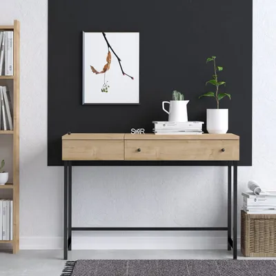 A modern desk with drawers against a black wall, decorated with a framed picture and plants.