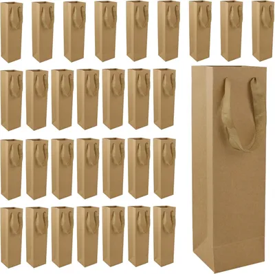 A collection of brown paper gift bags for wine bottles, arranged in rows and a larger single bag on the right.