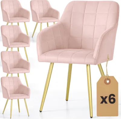 Produktbild von 6er Set Polsterstühle mit quadratischen Ziernähten LUXANO Rosa mit goldenen Beinen