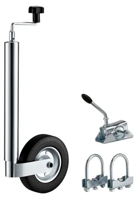 Produktbild von Wiltec Stützrad für Anhänger bis 362 kg ø48 mm, Bugrad inkl. Klemmhalter & Schellen, Abstellstütze mit pannensicheren Reifen
