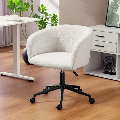 Produktbild von SUGIFT Bürostuhl Wannenform Cremeweiß Plüsch-Polsterung, Schreibtischstuhl Samt-Leinen-Optik, Drehstuhl Stahl | 65x59x85 cm | 360° | 9 kg