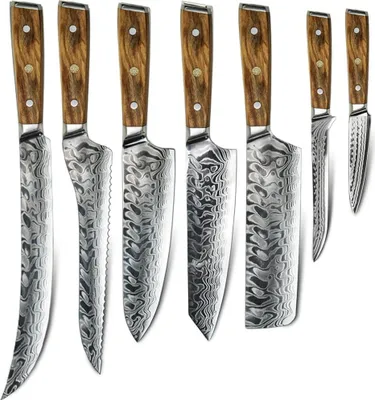 Produktbild von Set Damast Küchenmesser Yukari - Braun | 7 Teile für Profiköche KP37494