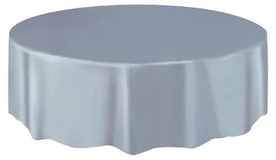Productafbeelding van Zilverkleurige plastic tafelkleed, rond, diameter ongeveer 213 cm, geschikt voor feesten - universele maat