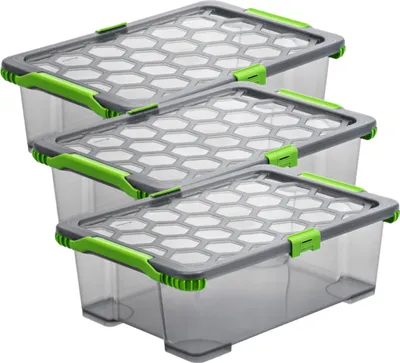 Three clear plastic storage boxes with gray lids and green latches are stacked on a white background.