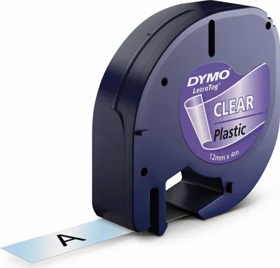 Immagine prodotto di Dymo® S0721550 Nastro di scrittura LetraTag, plastica, laminato, 4 m x 12 mm, nero/trasparente