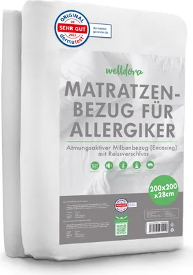 A white mattress protector packaging with text and logos.