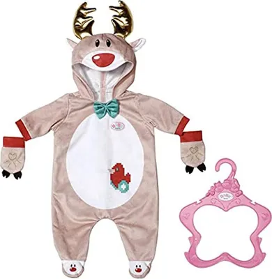 A baby doll outfit laid out flat, with a pink hanger to the side.
