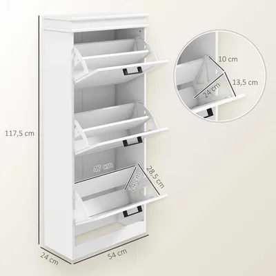 Image de Étagère à chaussures étroite, meuble d'entrée, portes rabattables, étagères réglables, 54x24x117,5 cm, blanc