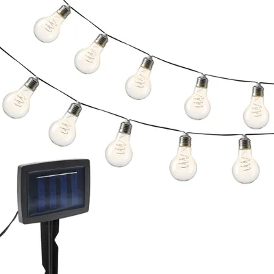 Produktbild von LED Solar Lichterkette mit 10 Glühbirnen auf 450 cm mit 2 Leuchtmodi - warm weiß - Garten Deko Beleuchtung mit transparenten Lampen