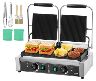 Produktbild von VEVOR Gewerblicher Panini-Grill, 3600W Elektrischer Sandwich-Maker, Doppelter Edelstahl-Grill, mit Temperaturregelung und flacher emaillierter Platte 485x230mm für Hamburger Steak Bacon
