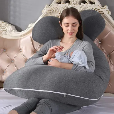 Image de Coussin de grossesse intégral, Grand coussin d'allaitement en forme de U, sommeil latéral avec tissu lavable 70 x 145 cm / Gris Tricoté