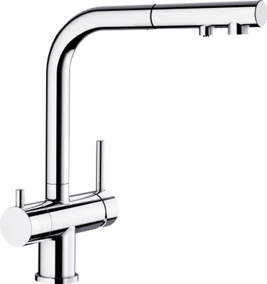 A close-up studio shot of a chrome kitchen faucet.