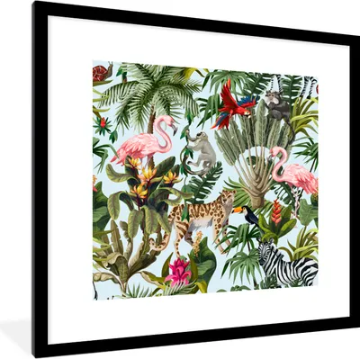 Produktbild von MuchoWow® MuchoWow® Gerahmtes Poster Dschungel - Tiere - Mädchen - Kinder - Jungen - Flamingo - Papagei 40x40 cm - Poster mit zchwarzem Bilderrahmen - Poster - Plakat im Rahmen