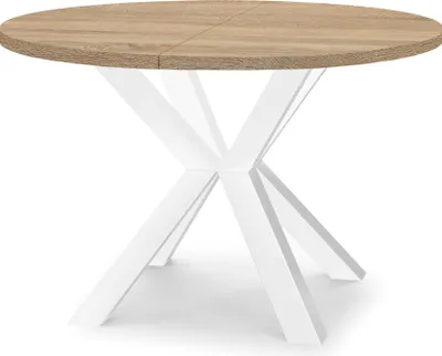 A round wooden dining table with a white cross-shaped pedestal base, photographed against a white background.