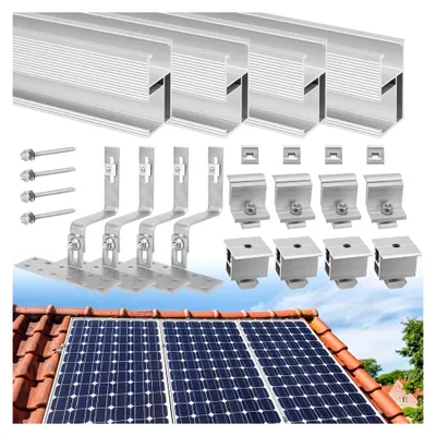 Produktbild von Halterung für Solarmodule auf Ziegeldächern – Set für 2 Module mit 300 mm Aluprofil und verstellbaren Dachhaken