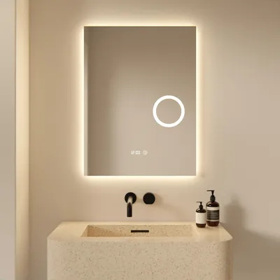 Image de Miroir de salle de bain LED Mirlux - 60x80 cm - Rectangulaire, sans cadre - 3 modes d'éclairage réglables - Fonction anti-buée - Étanchéité IP44 ettactile