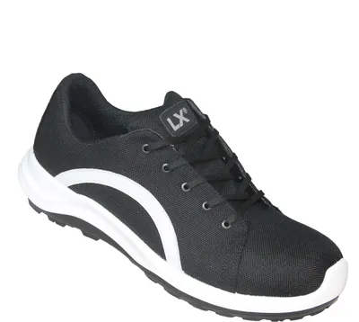 A black and white safety shoe is shown against a white background.
