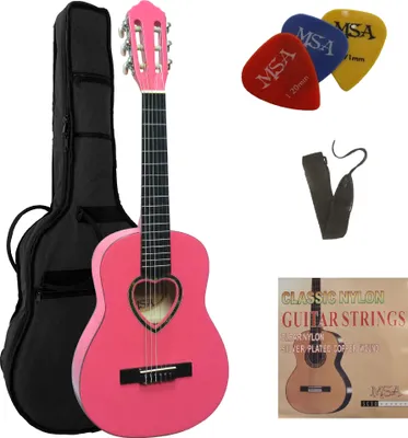 Produktbild von Msa Konzertgitarrenset - 1/4 Kinder Gitarre Pink Schallloch Herz Im Set - Tasche Band Saiten Pleks K6