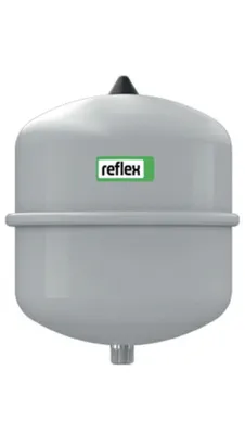 A gray expansion vessel with a black cap and a green label with the brand name 'reflex' on it.