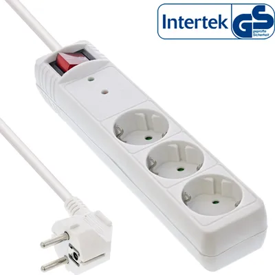 A white power strip with three outlets and a red power switch, connected to a white power cord and plug. A logo indicating quality assurance is in the top right corner.