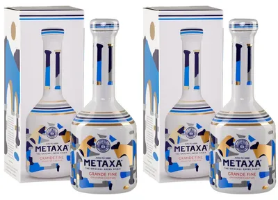 Produktbild von Metaxa Grande Fine 2x 0,7l Keramikflasche | Griechischer Edel-Weinbrand in hochwertiger Geschenkbox | Original Metaxa | 40% Vol. | +20ml Jassas Olivenöl