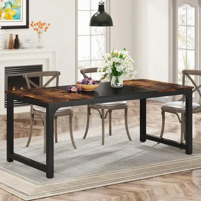 Image de Table de salle à manger 160 x 80 cm, style rustique, couleur marron, table de cuisine industrielle, rectangulaire, pour 4 à 6 personnes, avec pieds en métal