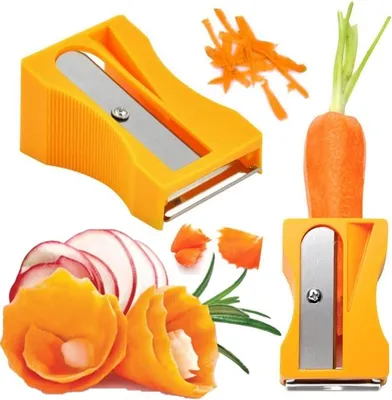 A collage of a vegetable peeler and decorated vegetables.