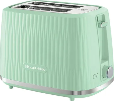 A mint green Russell Hobbs toaster with a ribbed texture.
