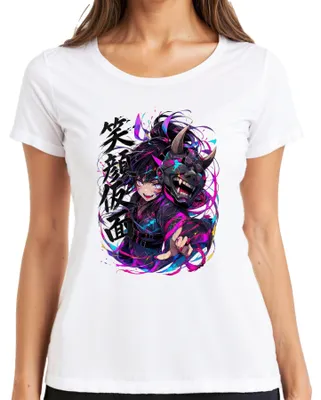 Obrázok produktu pre Anime, dievčenská maska Hannya, motív Oni, japonské umenie, štýl Y2K, dámske tričko, biela farba, veľkosť M