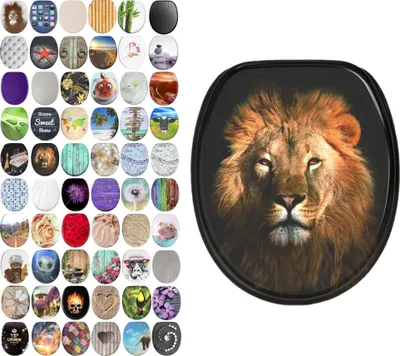 A collage of various toilet seat designs, with a large image of a lion's face on one of the seats.