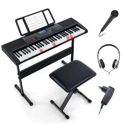 Zdjęcie produktu dla COSTWAY Przenośny keyboard elektroniczny z 61 klawiszami, podstawką i stołkiem, kompletne pianino cyfrowe z 600 dźwiękami, 400 rytmami