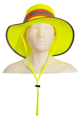 Produktbild von Fluoreszierender gelber Hut mit reflektierenden orangefarbenen Streifen, Mesh-Einsätzen, verstellbarer Kinnkordel, Einheitsgröße