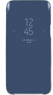 A smartphone with a blue book-style case displaying the time and date.