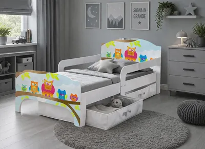 Produktbild von Bayagu Kinderbett 140x70cm Weiß mit Matratze Schublade und Rausfallschutz Eulen