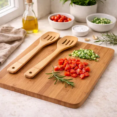 A kitchen counter scene with chopped vegetables, olive oil, and cooking utensils.