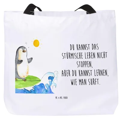 Produktbild von Mr. & Mrs. Panda Schultasche Pinguin Surfer - Weiß - Geschenk, Hawaii, Laptoptasche, Portugal, Tote Bag, Tasche, Optimistisch, Reisetasche, Motiviert, Urlaub