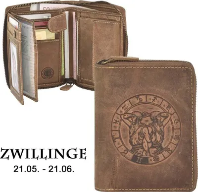 Produktbild von Greenburry Geldbörse Herren Leder braun antik Vintage mit Sternzeichen Prägung Portemonnaie mit Reißverschluss 821A-ZWILLINGE