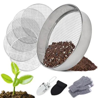 Produktbild von Garten-Sieb 5-in-1 - Rundsieb - Erdsieb - Sandsieb - Kompostsieb - Edelstahl - Inklusive Handschaufel und Handschuhe