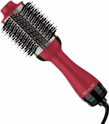 A red Revlon hair dryer and volumizer is shown against a white background.